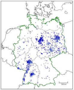 Deutschlandkarte mit Verbreitung der Buntzecke (Dermacentor reticulatus)